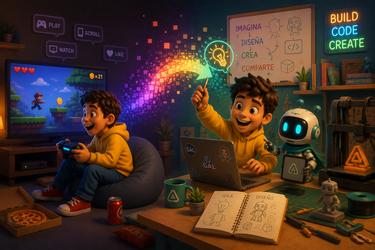 Un niño pasa de jugar videojuegos a crear con programación, diseño 3D y herramientas