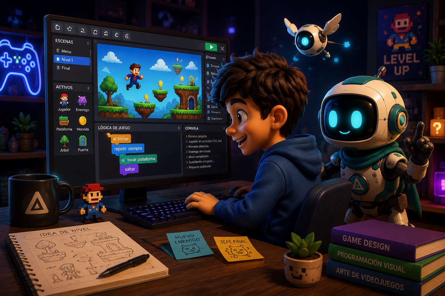 Un niño creando un videojuego junto a BOTI