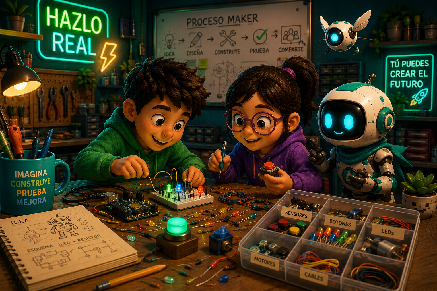 Niños construyendo un proyecto de electrónica y cultura maker junto a BOTI